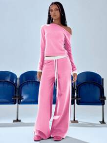 MUSERA 不对称肩部针织撞色腕口上衣 春季休闲 2000 年代 90 年代 - 粉色 - 查看 3