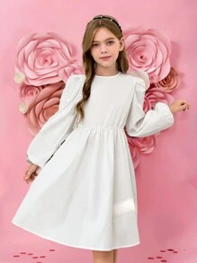 SHEIN 青少年女孩编织纯色灯笼袖长袖背面拼色蝴蝶结装饰收腰优雅连衣裙，返校，通勤娇小女士，白色连衣裙，春季旅行和度假，公主裙 - 白色 - 查看 3