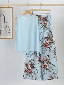 SHEIN Clasi 2pcs Women Chiffon Solid Color Blouse And Floral Wide Leg Pants Elegant Suit Set - Baby Blue - View 2