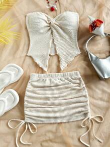 Soleia 2pcs/Set Women's Solid Twist Bandeau Top & Side Drawstring Mini Skirt Two Pieces Set, Valentine's Day, Vacation, Summer Western Wear, Birthday Beach Outfit,Vacation Outfits Woman,Mardi Gras