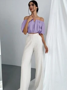 Aloruh Women's Solid Color Pleated Off Shoulder V-Neck Slim Fit Blouse Top - Mauve Purple - View 5