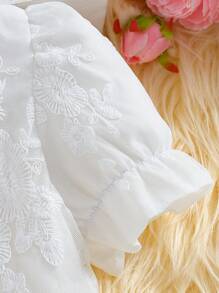 Glamorique Kids 1 pieza Vestido blanco de princesa elegante con manga abombada y ribete de encaje para niñas, de verano - Blanco - Ver 5