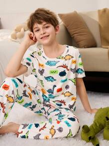 2PCS Cute Animal Print Tween Boys Pajama Set  Dinosar