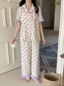 SHEIN Teen Girl Minimalist Tulip Flower Print Lapel Pocket Short Sleeve Ruffle Detail Casual Long Pants 2pcs Pajama Set Pj Sets For Teen Pjs Set Pj Sets For Teens Pj Set For Teen Pajama Sets - Purple - View 1