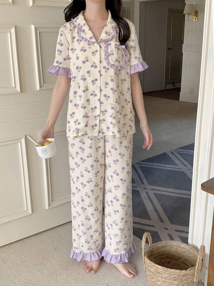 SHEIN Teen Girl Minimalist Tulip Flower Print Lapel Pocket Short Sleeve Ruffle Detail Casual Long Pants 2pcs Pajama Set Pj Sets For Teen Pjs Set Pj Sets For Teens Pj Set For Teen Pajama Sets - Purple - View 1