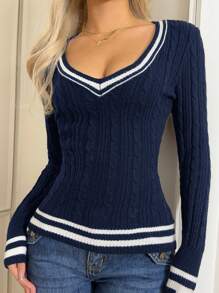SHEIN EZwear Maglione casual da donna a maniche lunghe con scollo a V e patchwork monocromatico