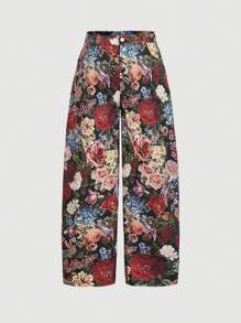 SHEIN MOD Plus Size Women Floral Print High Waisted Cargo Pants