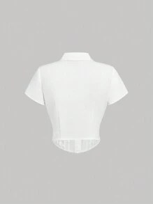 SHEIN MOD Camisa de manga corta con cuello de solapa y diseño de rayas en la parte delantera, camisas Y2K blancas, camisas blancas para mujer - Blanco - Ver 2