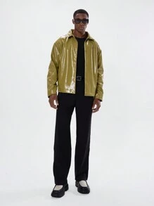 Musero Collared PU Trucker Jacket - Olive Green - View 1