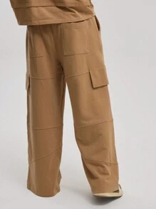 Musero Wide Leg Baggy Fit Double Knee Panelled Heavy Jersey Jogger Elasticated Drawstring Waistband Tracksuit Sweatpants Only Autumn Winter Wardrobe - Camel - View 4