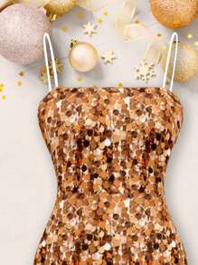 SHEIN EZwear Casual Minimalist Party Style Faux Gold Glitter Allover Print Slip Contrast Sequin Dress For Women, Suitable For Party