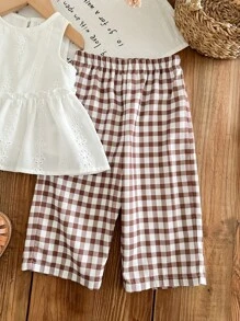 SHEIN LMoss Kids LMoss Baby Girl Plaid Print Long Pants And Embroidered Top 2pcs/Set, Cute Matching Outfit, Summer