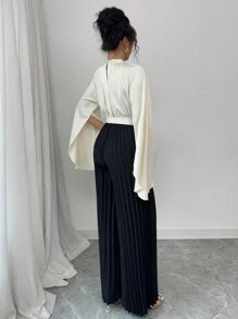 Elenzga Mono elegante y romántico de mujer con cuello triangular, de crepe con bloques de color y calado