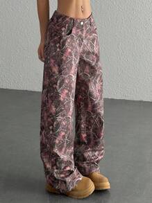 SHEIN EZwear Pantalones casuales con botones delanteros y estampado all-over para mujeres