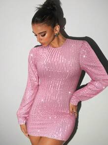 Aloruh 女士秋冬新款性感时尚露背亮片迷你派对连衣裙 - 粉色 - 查看 3