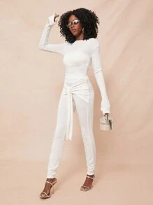 SHEIN Unity Top de Manga Longa Casual de Primavera, Viagem, Tricô de Verão, Festivais Modestos, Casual, Ação de Graças, Natal, Réveillon para Mulheres - Branco - Visão 3