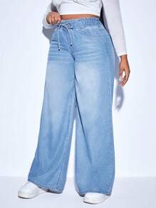 SHEIN PETITE CURVE Plus Size Casual Loose Straight Leg Blue Jeans - Light Wash - View 3