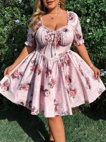 Flirla Plus Size Women Boho Square Neck Bowknot Waist Print Short Sleeve Elegant Vintage Resort Dress, For Summer - Pink - View 4