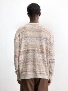 Maija 男士2025春夏新款米色圆领套头衫不对称条纹长袖宽松休闲日常办公室通勤时尚简约T恤，适合情人节、新年派对 - 彩色 - 查看 6