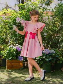 Wildeya Tween-Mädchen Elegantes, kurzes Kleid mit Blumendruck und Rüschen und Schleife, geeignet für Sommer und Frühling, ideal für Partys und den Urlaub