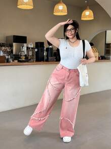 SHEIN EZwear Pantalones vaqueros informales sueltos de pierna ancha con bolsillos y bajo deshilachado para mujer de talla grande