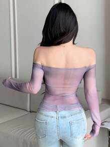 DAZY Dames Zomer Nieuwe Off Shoulder Sheer Mesh Tie Dye Blouse, Vakantiekleding