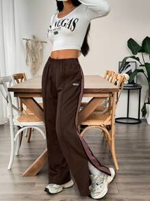 SHEIN EZwear 女士字母松紧腰宽松阔腿休闲运动裤 - 咖啡棕 - 查看 6