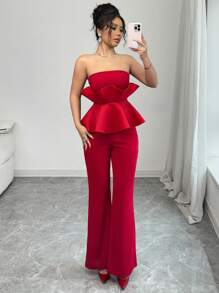 Elenzga 女士 2 件套：3D 荷叶边细肩带短款上衣 + 高腰喇叭裤，适合法国派对、复活节、情人节、中国新年等场合穿着