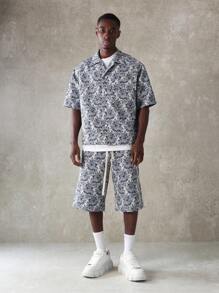SUMWON Luxury Pattern Co-Ord Set Boxy Short Sleeve Shirt With Matching Shorts Summer Resort Collection Abstract Wave Print Vacation Beach Streetwear Two-Piece Outfit - Blue - View 1
