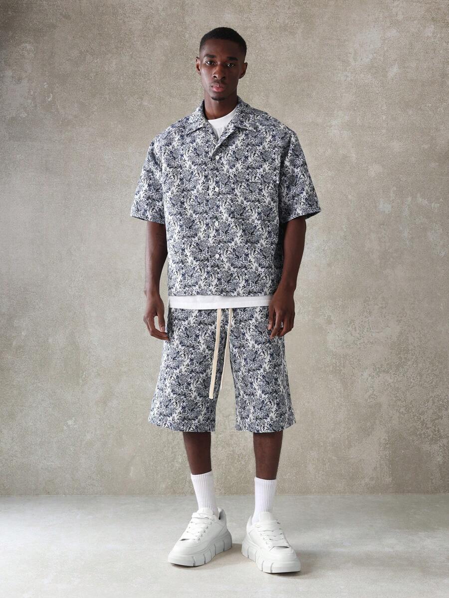 SUMWON Luxury Pattern Co-Ord Set Boxy Short Sleeve Shirt With Matching Shorts Summer Resort Collection Abstract Wave Print Vacation Beach Streetwear Two-Piece Outfit - Blue - View 1