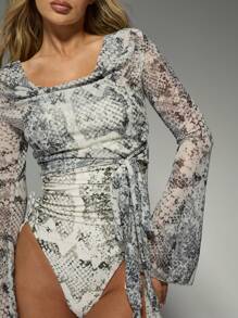 MISSGUIDED Long Sleeve Mesh Snake Print Beach Cover Up Bodysuit Sheer Swimsuit Cover Up Bell Sleeve Beachwear Resort Wear Vacation Pool Party Festival