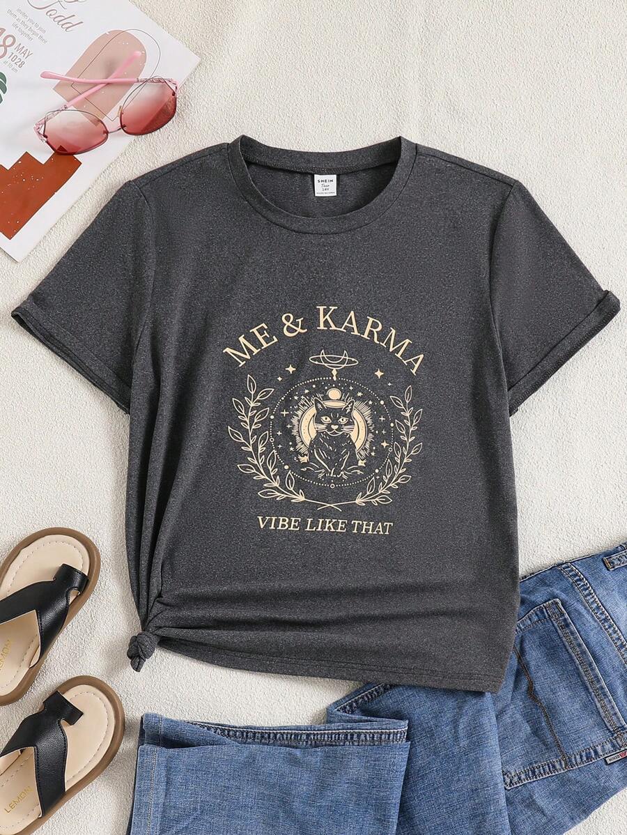 Teenage Girls New Casual Cat & Letter Printed Round Neck Short Sleeve T-Shirt, Lightweight Tee For Daily Wear, Charcoal Grey - Red - View 1