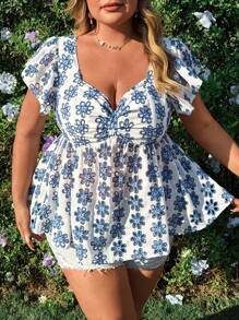 Flirla Blusa Peplum Amassada Boêmia Romântica para Férias, Plus Size, para Verão - Multicolorido - Visão 7