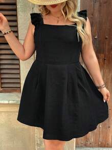 SHEIN VCAY Plus Size Women's Solid Color Tie Back Ruffle Hem Casual Dress - Black - View 5