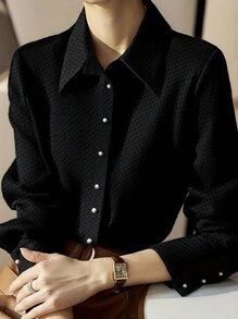 SHEIN Unity Blusa negra casual de manga larga, con botones delanteros, de unicolor y de diseño simple para mujer