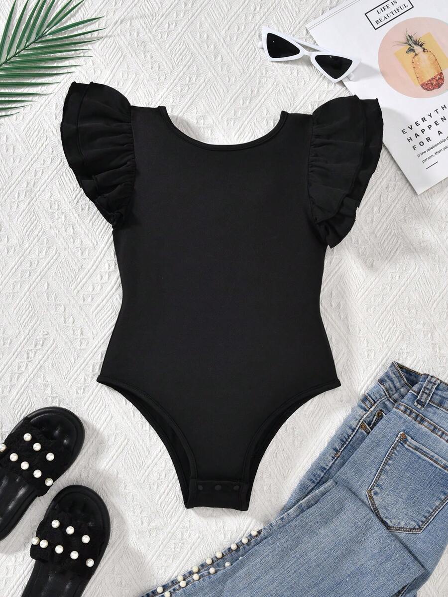 Tween Girl Solid Color Round Neck Cap Sleeve Casual Jumpsuit Body Suits For Girls - Black - View 1
