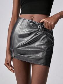 Chiquease Falda plisada minimalista con botón con carácter japonés, para uso casual diario