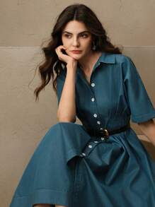 Anewsta 女士牛仔蓝色收腰喇叭形 A 字长衬衫裙，春夏季别致风格