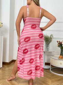 2pcs Set Plus Size Sexy Mesh Print Lingerie Set With Underwire, Thong - Pink - View 2