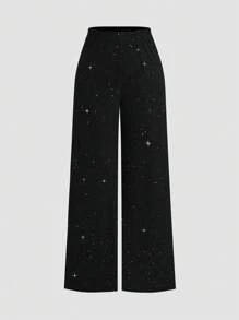 Sweetra 2pcs Sequin Halter Neck Backless Vest And Wide Leg Loose Pants Set, Sexy Diva Style - Black - View 3