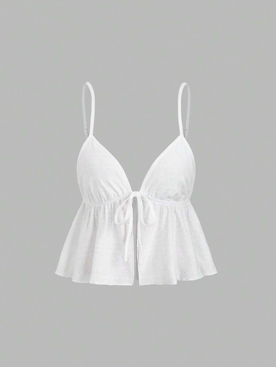 Sweetra Women's New Vacationwear Beach Pure White Camisole Top - Hollow-Out, Textured Ruffles, V-Neck, Sleeveless, Crop Top For Summer - White - View 1