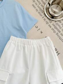 SHEIN Leap Crew 2pcs/Set Young Boys Casual Street Style Los Angeles Letter Graphic Loose Fit Crew Neck T-Shirt And Sports Shorts Summer Set - Baby Blue - View 4