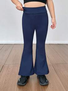 SHEIN Young Girl Solid Color Fitted Flare Leg Knit Sweatpants - Navy Blue - View 5