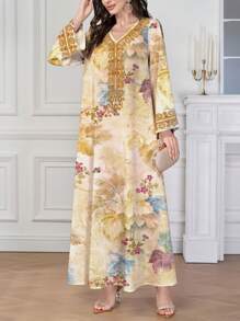 Al Najma 女士节日节日定位印花 Jalabiya 印花 V 领长袖长裙，端庄全长连衣裙