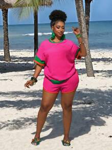 Slaydiva 2025 New Versatile Daily Casual All-Match Minimalist Plus Size Women 2 Pieces Set: Colorblock T-Shirt & Shorts - Multicolor - View 8