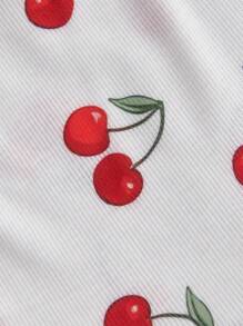 SHEIN MOD 大码蕾丝前缝樱桃可爱背心、野餐背心、度假背心、春季女装、白色背景樱桃与蝴蝶结装饰短款夏季背心 - 彩色 - 查看 4