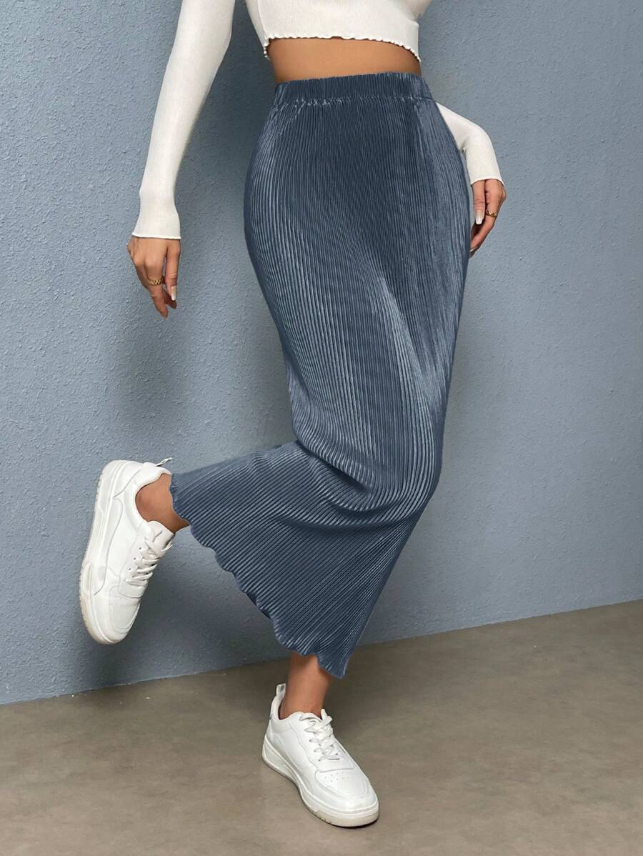 SHEIN Essnce 女士纯色弹力腰荷叶边休闲长裙 - 霧霾藍 - 查看 1