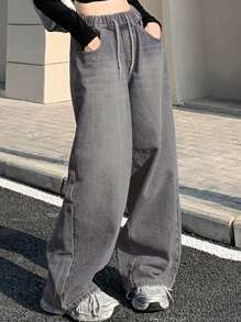 DAZY 女士系带前口袋简约牛仔裤，休闲日常穿着 - 灰色 - 查看 3