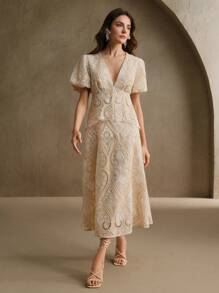 Anewsta New Niche Embroidered Hollow-Out Splicing V-Neck Dress, Elegant, Classic, Modest, Suitable For Spring And Festivals - Multicolor - View 6
