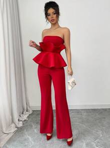 Elenzga 女士 2 件套：3D 荷叶边细肩带短款上衣 + 高腰喇叭裤，适合法国派对、复活节、情人节、中国新年等场合穿着